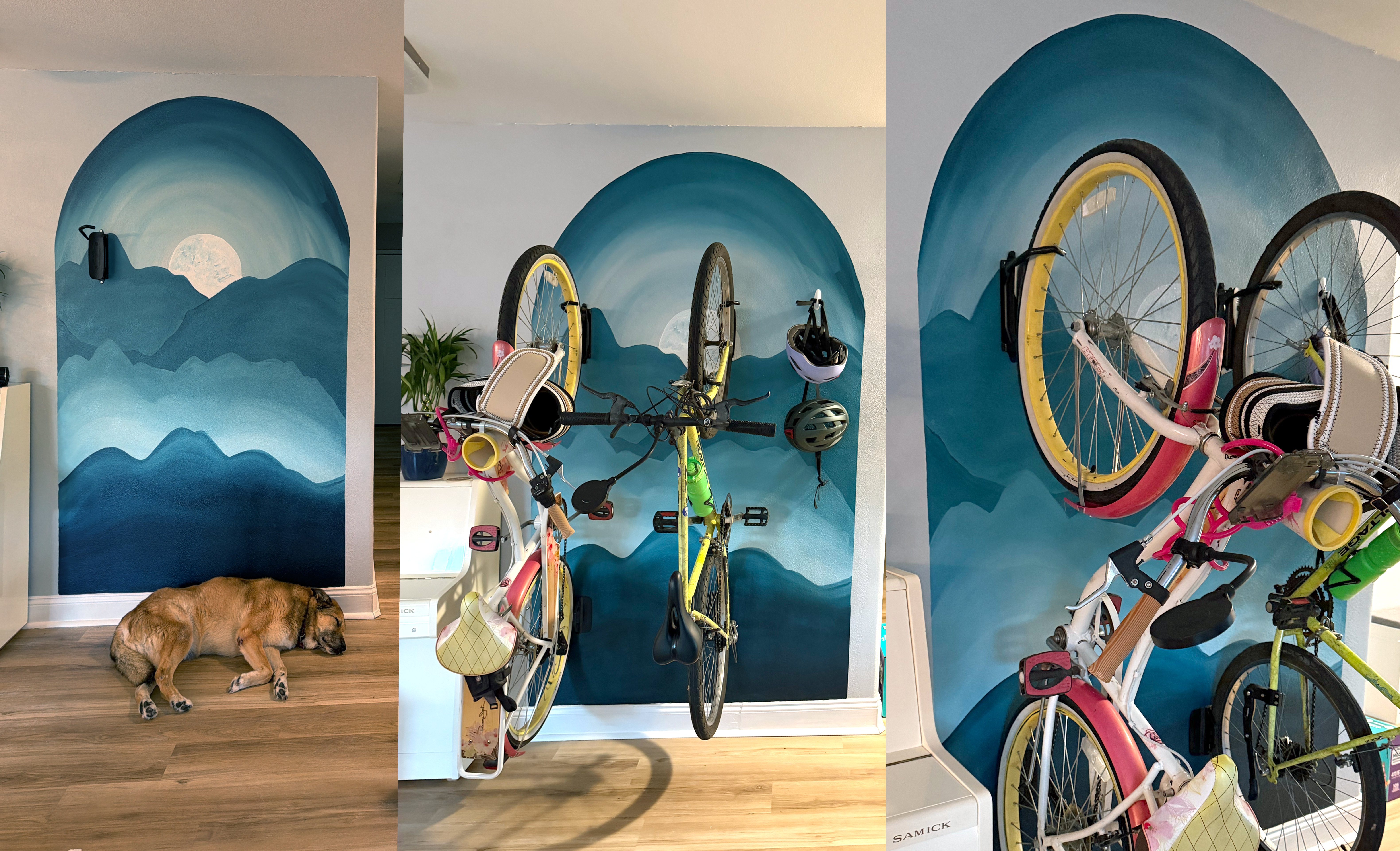 Blue mountain mural framing wall-mounted bicycles, shown in three views