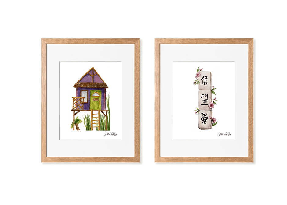 Framed watercolor paintings of a whimsical treehouse and floral mahjong tiles